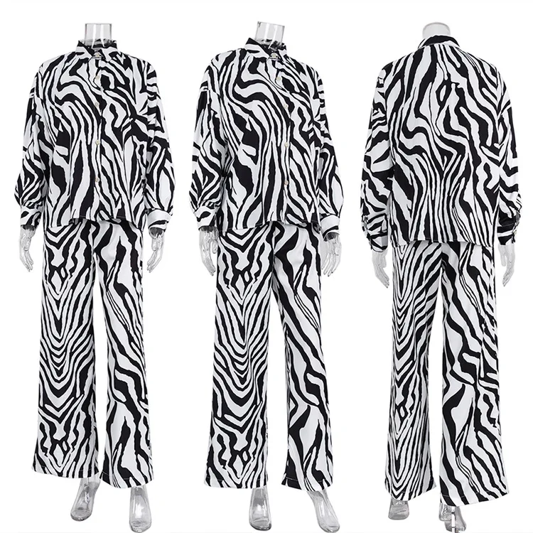 New Product 2022 Spring V Neck Long Sleeve Blouse 2 Piece Sets Zebra Print High Waist Wide Leg Pants Set Women