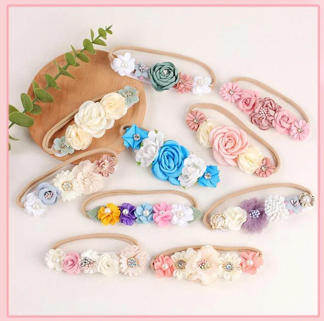 Hot selling artificial flower rhinestone pearl baby headband for girls