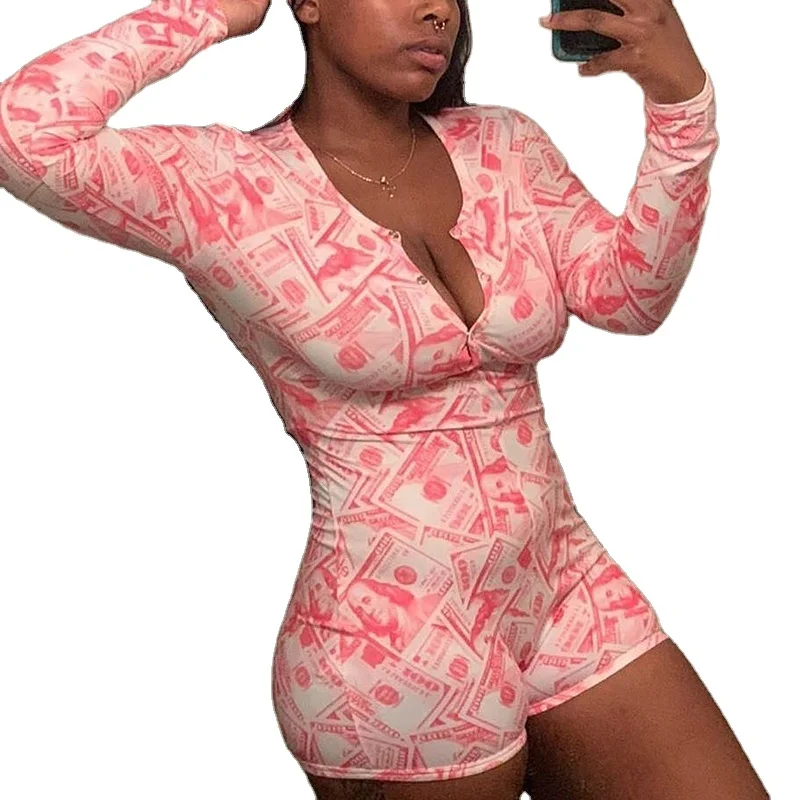 Sexy Fashion V Neck Banknote Printed Jumpsuit Shorts Pajamas Women Onesie