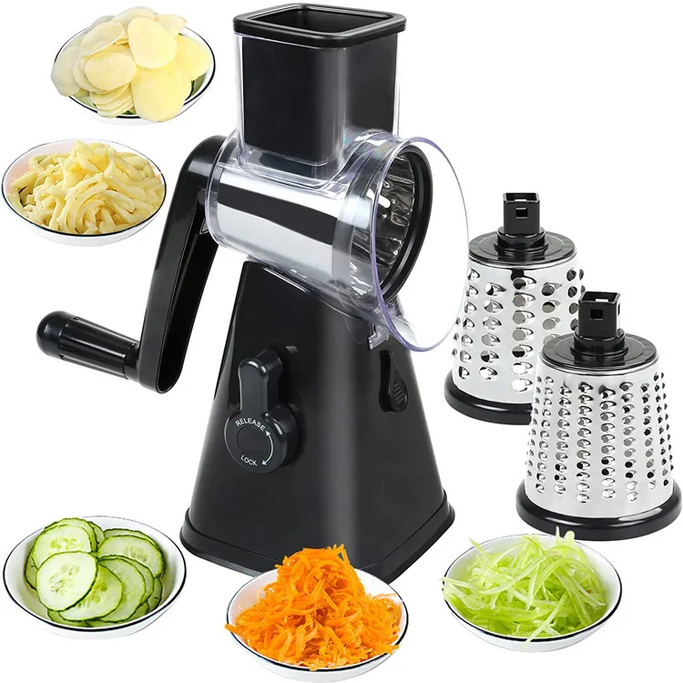 As seen on TV Rotary Cheese Grater Shredder 3 Multi Blade Manual Vegetable Slicer with Non-slip Suction Base Nuts Grinder