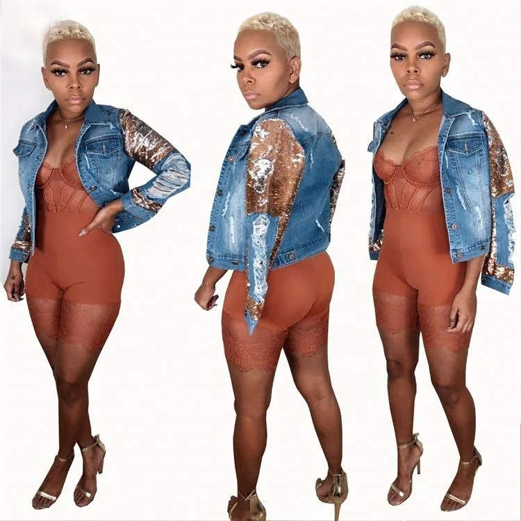 Новейший дизайн, блестящая рваная джинсовая куртка с длинным рукавом для женщин