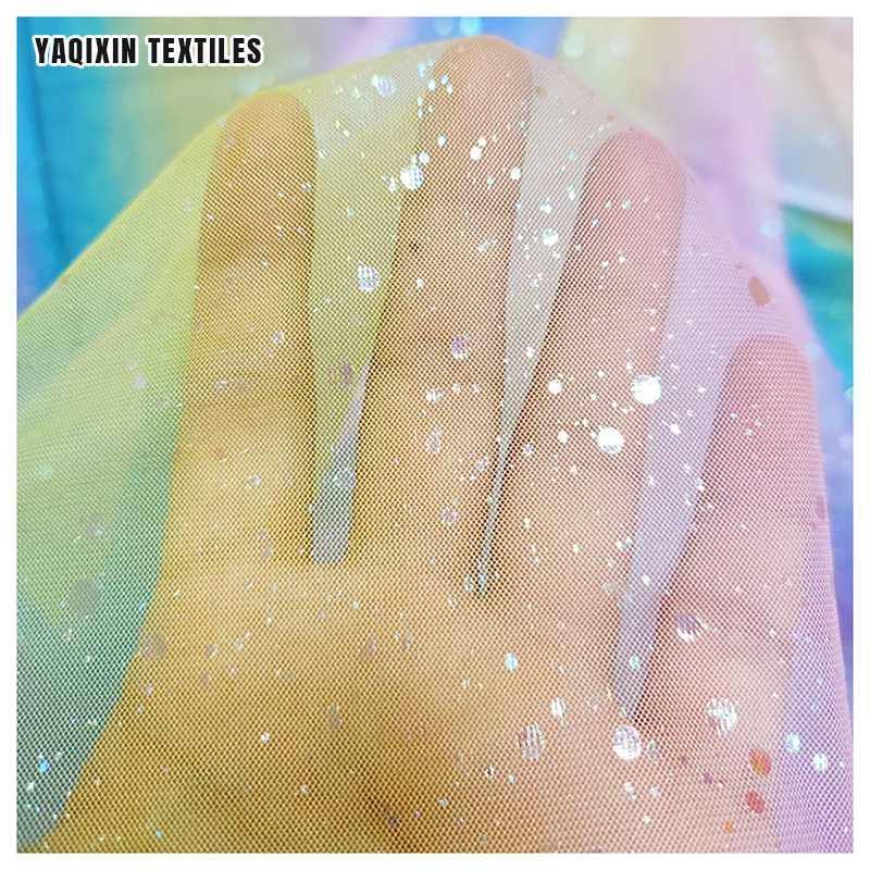 YY221125# High Quality Soft 100 Polyester Shiny Dot Tricot Knit Mesh Tulle Fabric with Print Rainbow Design