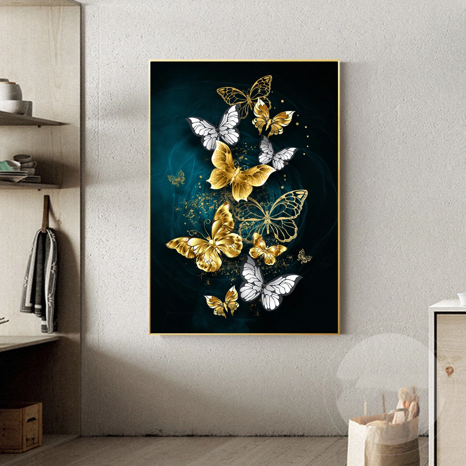 Абстрактная Золотая темно-синяя бабочка роскошное настенное искусство натюрморт Картина на холсте для домашнего декора Декор
