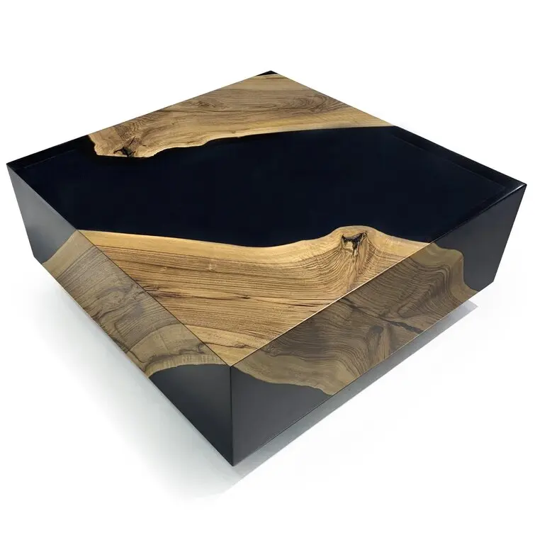 The solid wood coffee table with contemporary cube black wood grain is creatively placed in the living room and office