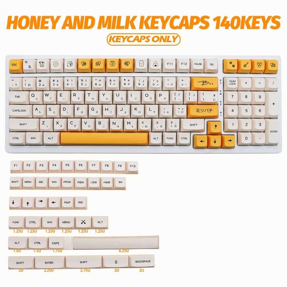 PBT Keycaps 140 Keys Honey and Milk Cute Keycaps DYE-SUB XDA Profile Keycaps for Cherry Gateron MX Switches Mechanical Keyboards
