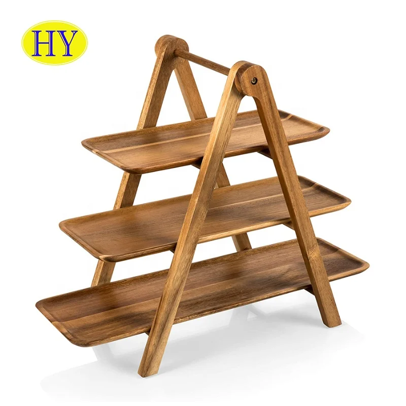 Custom rustic acacia wood serving trays Unfinished 3 Tier snack breakfast dessert rectangular Wooden Ladder Tray With Handle