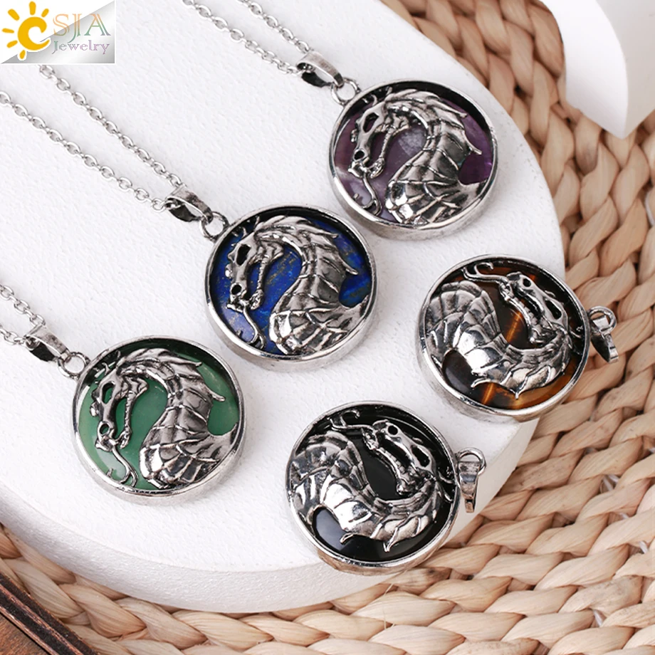 CSJA Wholesale Vintage Jewelry Round Healing Crystal Quartz Natural Stone Pendant Chinese Dragon Necklace for Women H122
