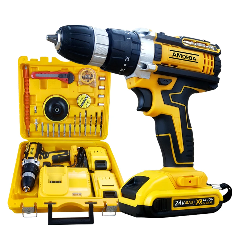 Good Quality 24V Cordless Electric Drill Set with Two Batteries One Charger Plastic Box and Spare Parts