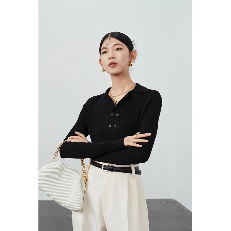 16-needle Basolan wool sweater polo collar sweater Japanese front shoulder 2022 early autumn new V-neck knitted sweater women