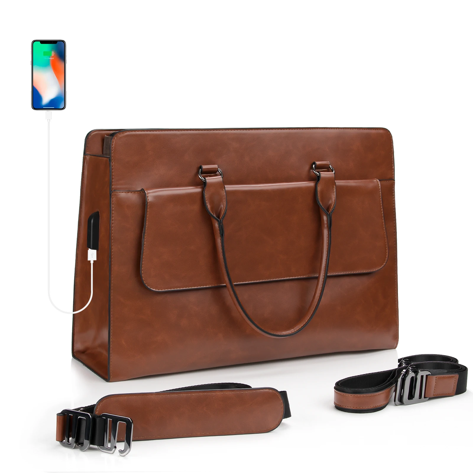 Laptop Waterproof Leather Teacher Handbag with Charging USB 15.6 Inch Laptop Tote Bag