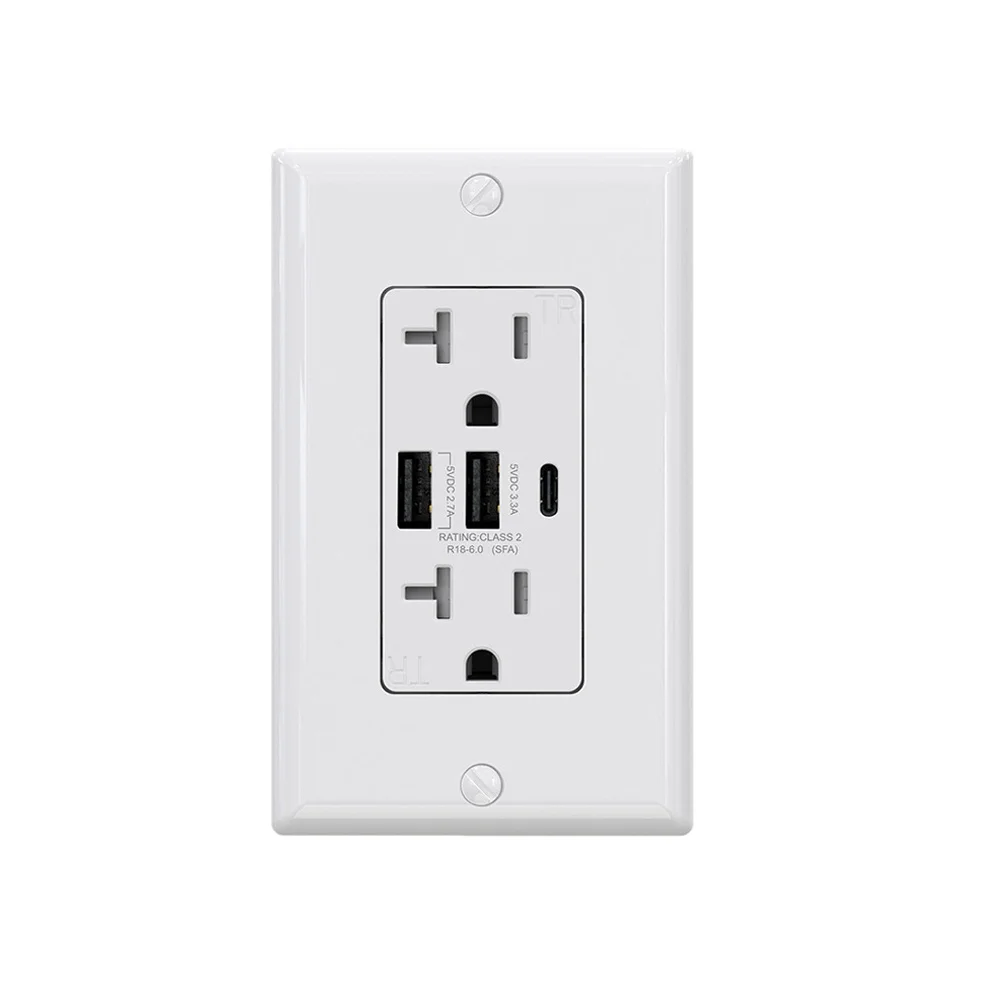 ELEGRP 6.0 Amp USB Charger Dual USB A&C por 20 Amp NEMA 5-15R In-wall Outlet 3 ports USB Receptacle Outlet