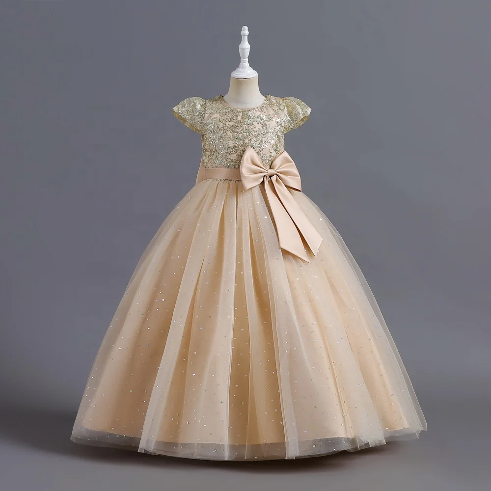Fashion Satin Top Applique Sequins Short Sleeve Fluffy Tulle Kids Gown Children Wedding Party Little Flower Girls Dresses