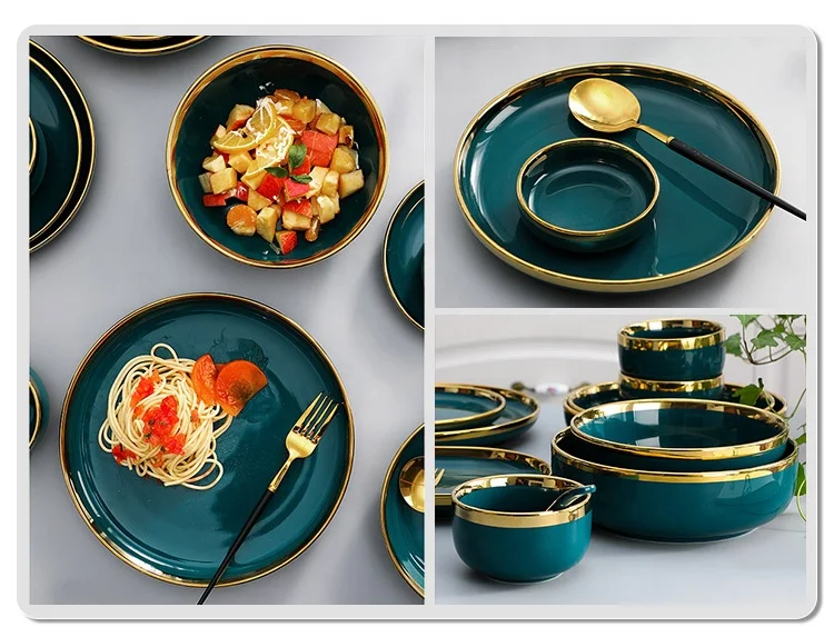 Hot Sale Porcelain Dinnerware and Serveware 16 Piece Set Golden Edge Dishes & Plates Dinner Set
