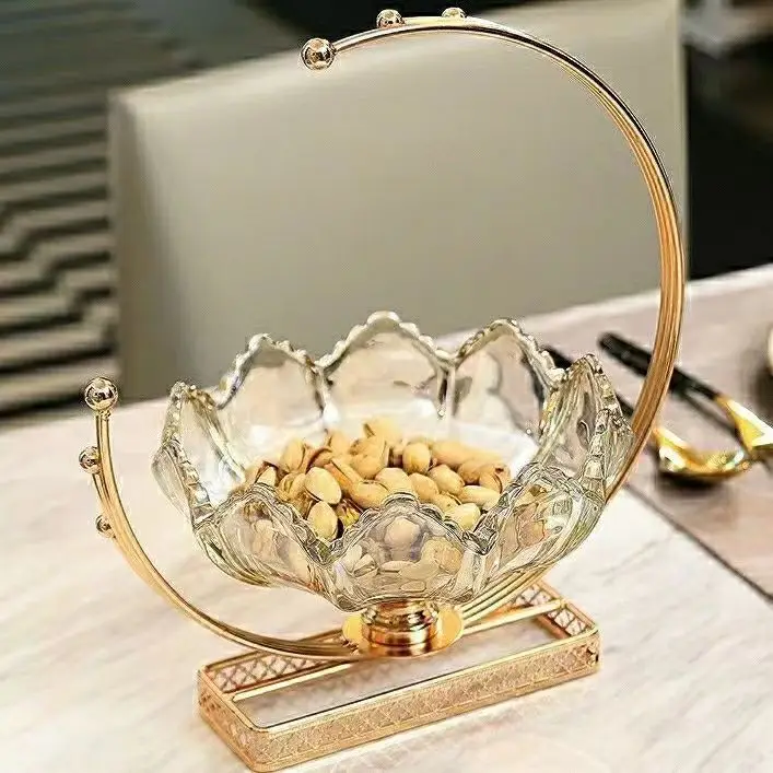 Light luxury European style glass dry fruit plate, home living room tea table,  decorative metal moon fruit plate ornaments