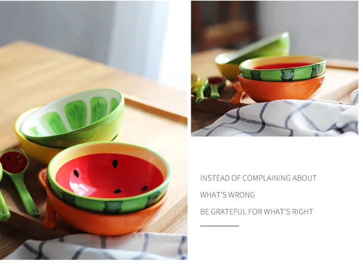 korean ceramic watermelon cereal rice bowl with spoon