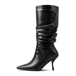 Hoslasen shoe factory white crocodile leather elastic half boots unique heel for shoes 2022 new arrivals