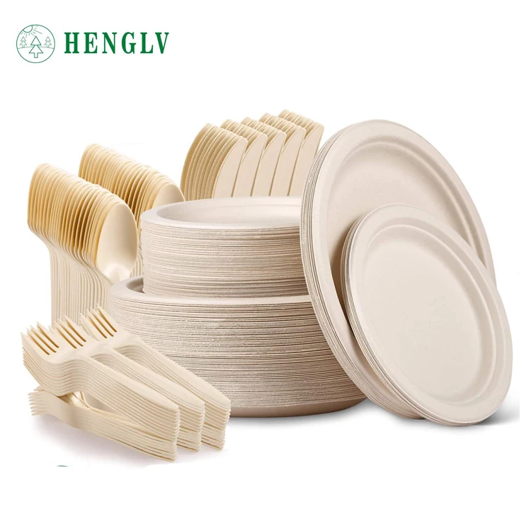 HENGLV Eco-Friendly Compostable Bagasse Tableware Food Packaging Tray Multi-Purpose 4-Compartment Paper Plate