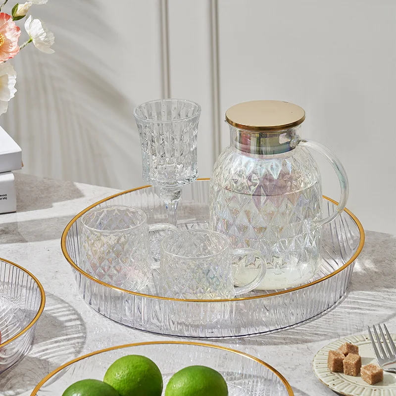 Gold-Painted Horizontal-Grained Glass Plate Transparent Western Food Salad Bowl Net Red Household Fruit Plate