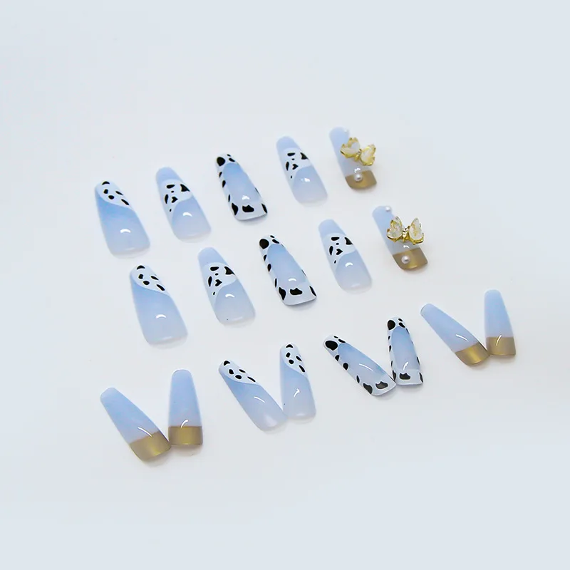 Custom Full Cover Cow Print Press On Nails French Design Long Ballet 3D Butterfly Coffin False Nails