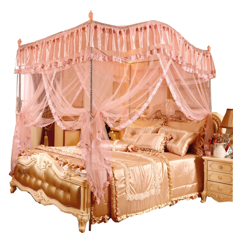 Pastoral European Three Doors Palace Pink Indoor Outdoor Decoration Bed Anti Mosquito Net