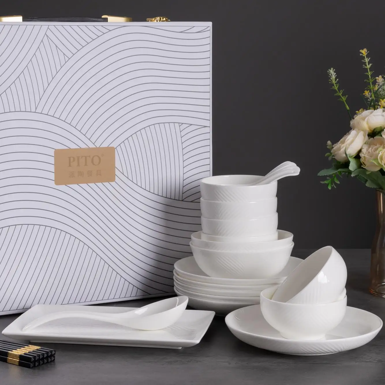 PITO Chaoan Factory 28Pcs/Set Ceramic Plate Bowls Set White Bone China Dinner Plate Dish Full Set for Home Restaurant