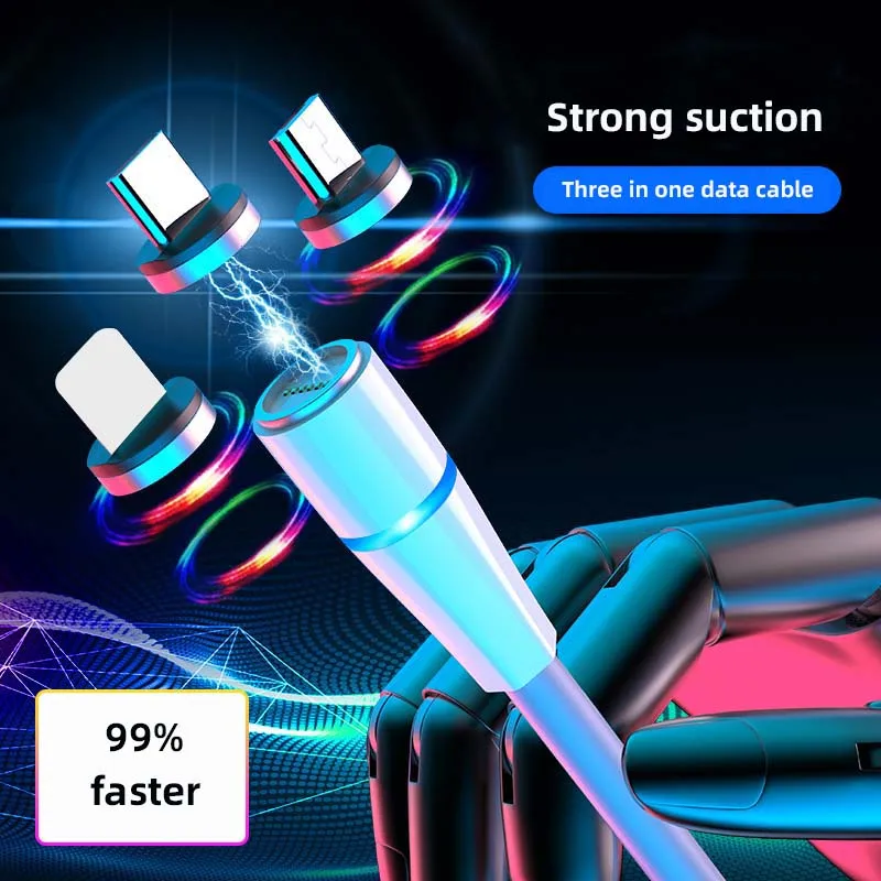 High Quality 3A Cell Phone Cable Magnetic Usb Charger 3 In 1 Usb Charging Data Led Usb cable