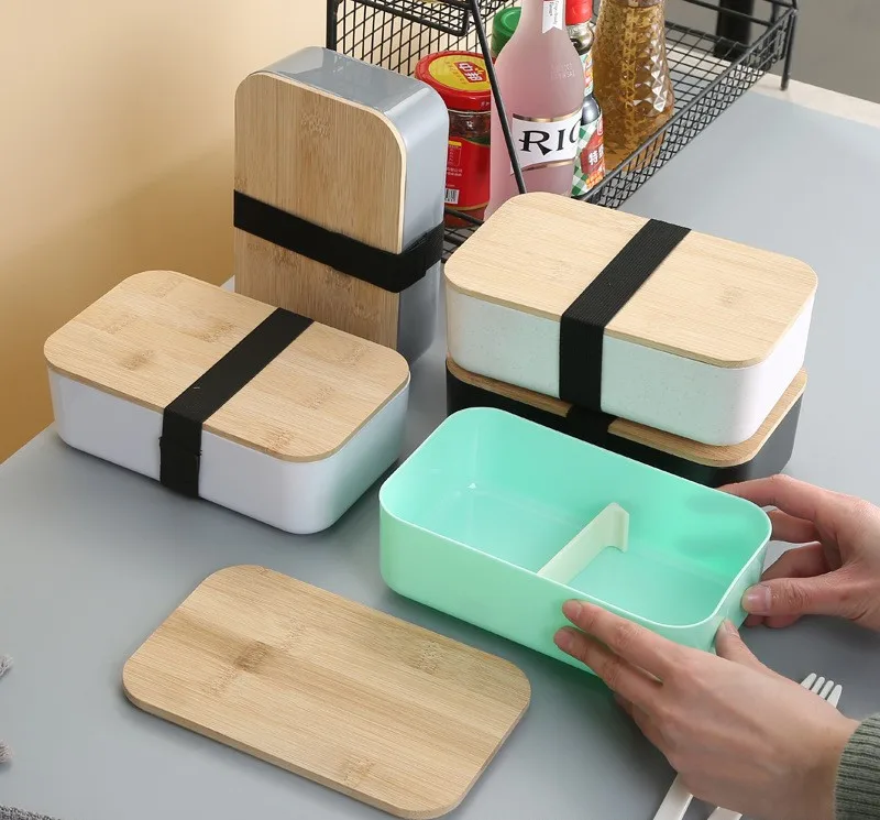 Japan Style lunch box with elastic 1000ML Bento Lunch Boxes Plastic Lunch Box set with Bamboo Wood Lid