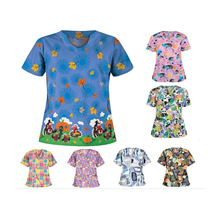 Womens Easter Scrub Tops Short Sleeve V Neck Pocket Workwear Cartoon Bunny Egg Kindergarten Teachers Nursing Uniform