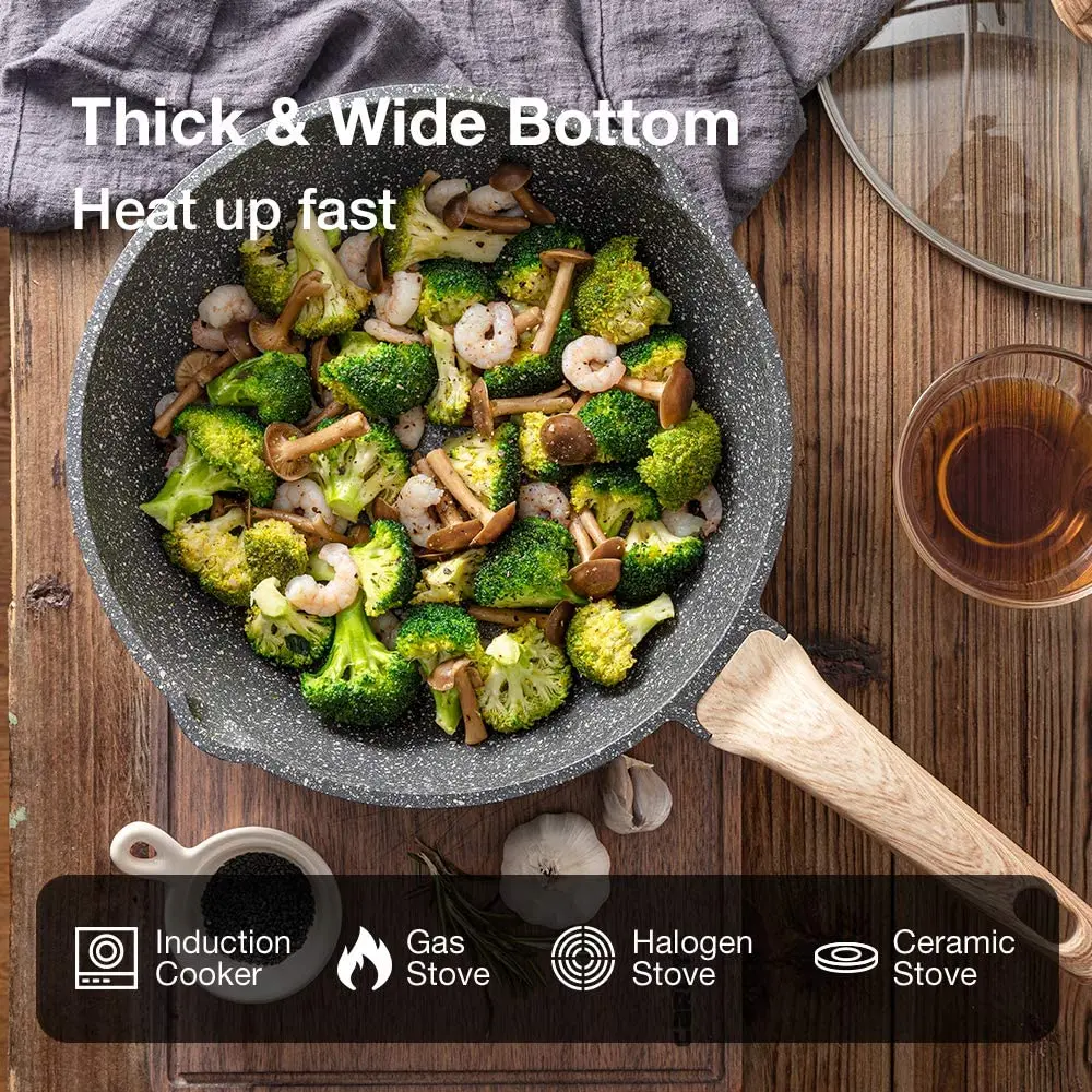 Лидер продаж алюминиевая кастрюля для вок с черным зернистым покрытием 28 см крышкой и деревянной