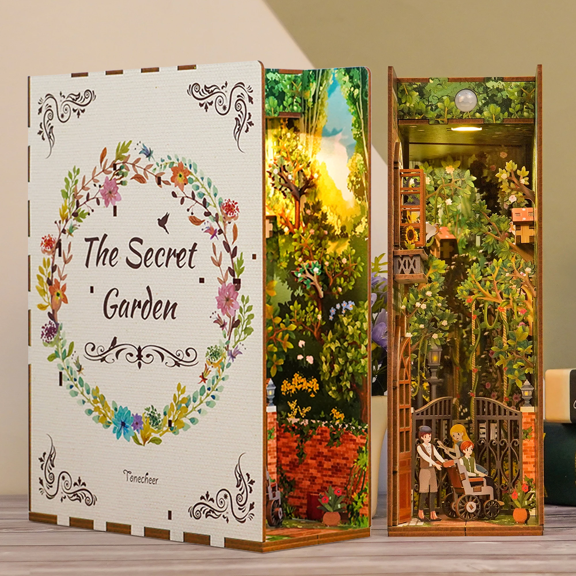 Tonecheer The Secret Garden wooden 3D Jigsaw Wood Kids DIY 3D puzzle Assembly Toys  Bookend with Body Sensor LED Light book nook