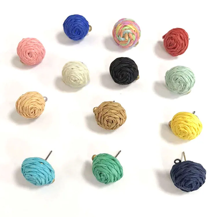 12mm Raffia Wrapped Stud Earrings For Women Bohemian Statement DIY Earring Post with Connect Hole