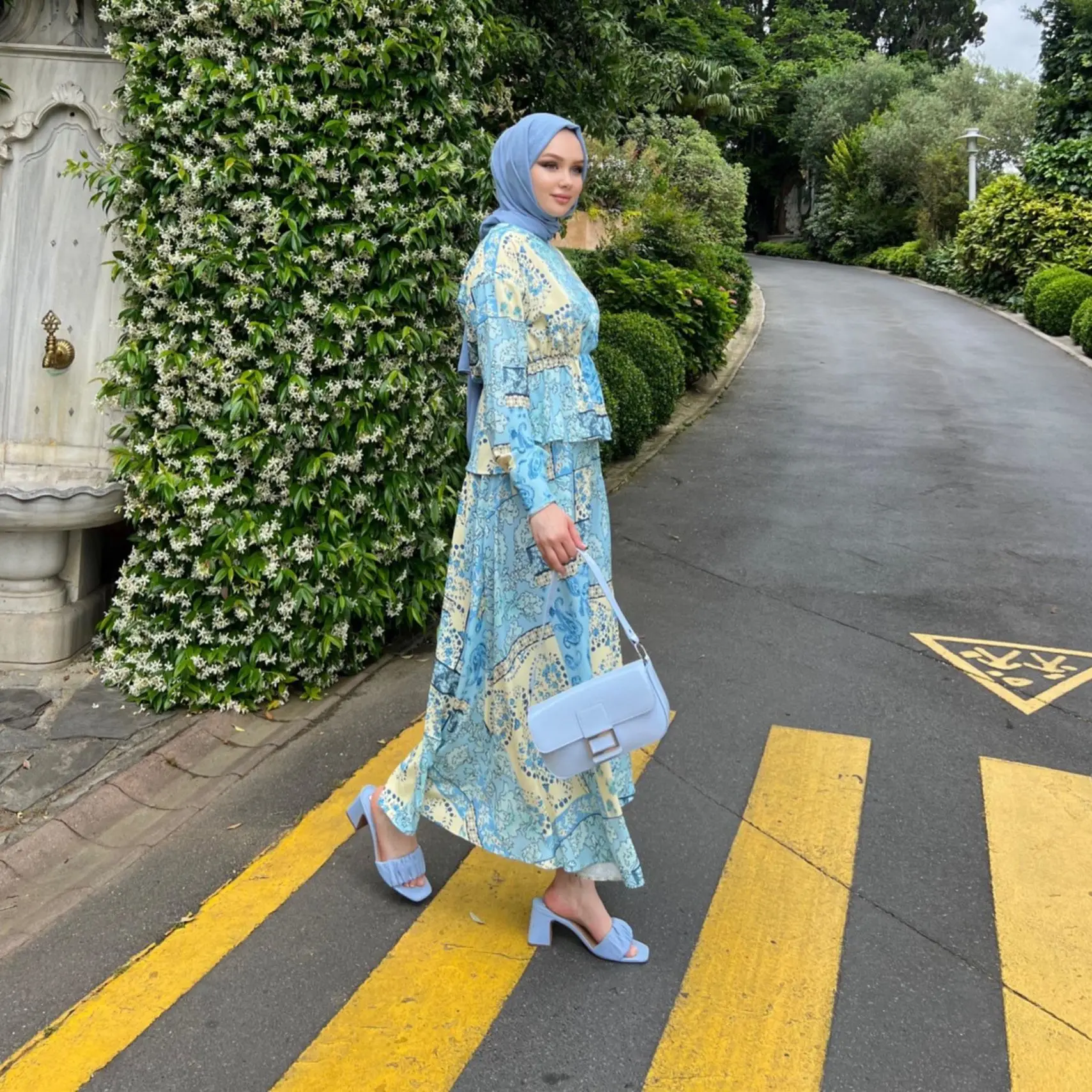 Women Modest Set Abaya Muslim Floral Printed Long Sleeve Blouse Loose Skirt 2 Piece Suit