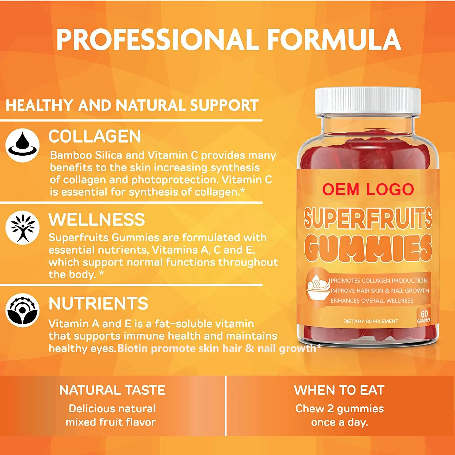 Vegan SuperFruits Gummies with Biotin Vitamins for Collagen Formation for Hair Skin Nails Wrinkles Available in Capsule Powder