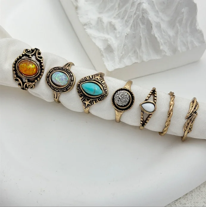Best-selling 7 Sets Of Gold And Silver Sacred Geometric Pattern Colored Gemstone Ring Retro Fashion Ring Ring Set For Women