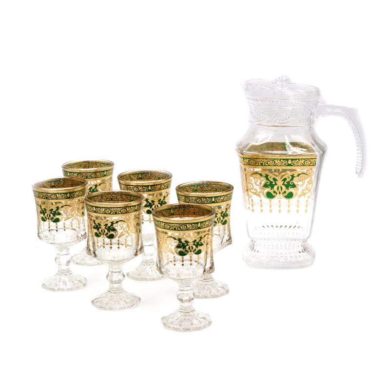 cheap wholesale 6 goblets 1 kettle clear glass goblets kettle sets tea cup sets gold butterfly arab turkish drinking glass set
