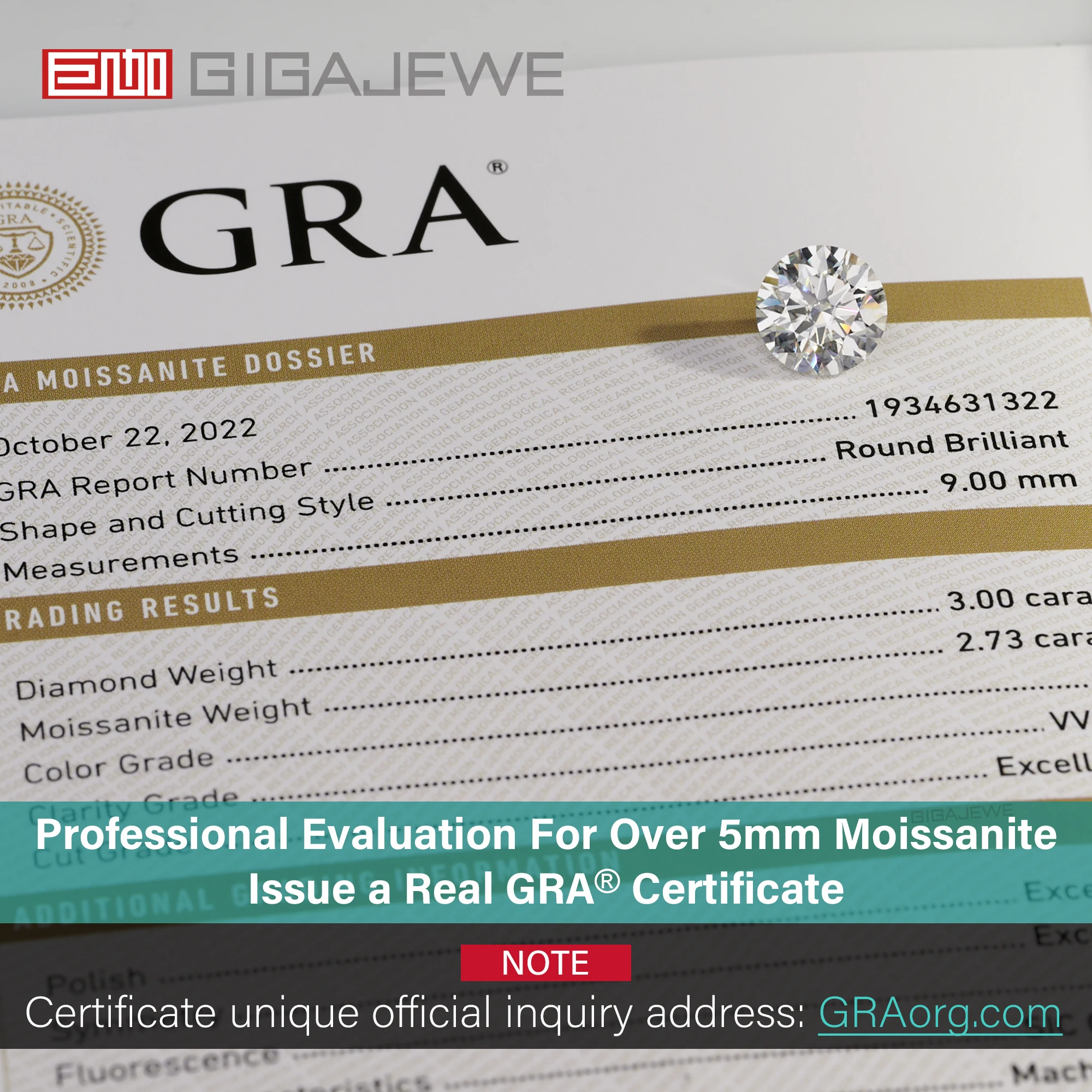 GIGAJEWE Round cut moissanite White D color VVS1 With GRA Certificate 10 Hearts and Arrows Cut synthetic gemstone