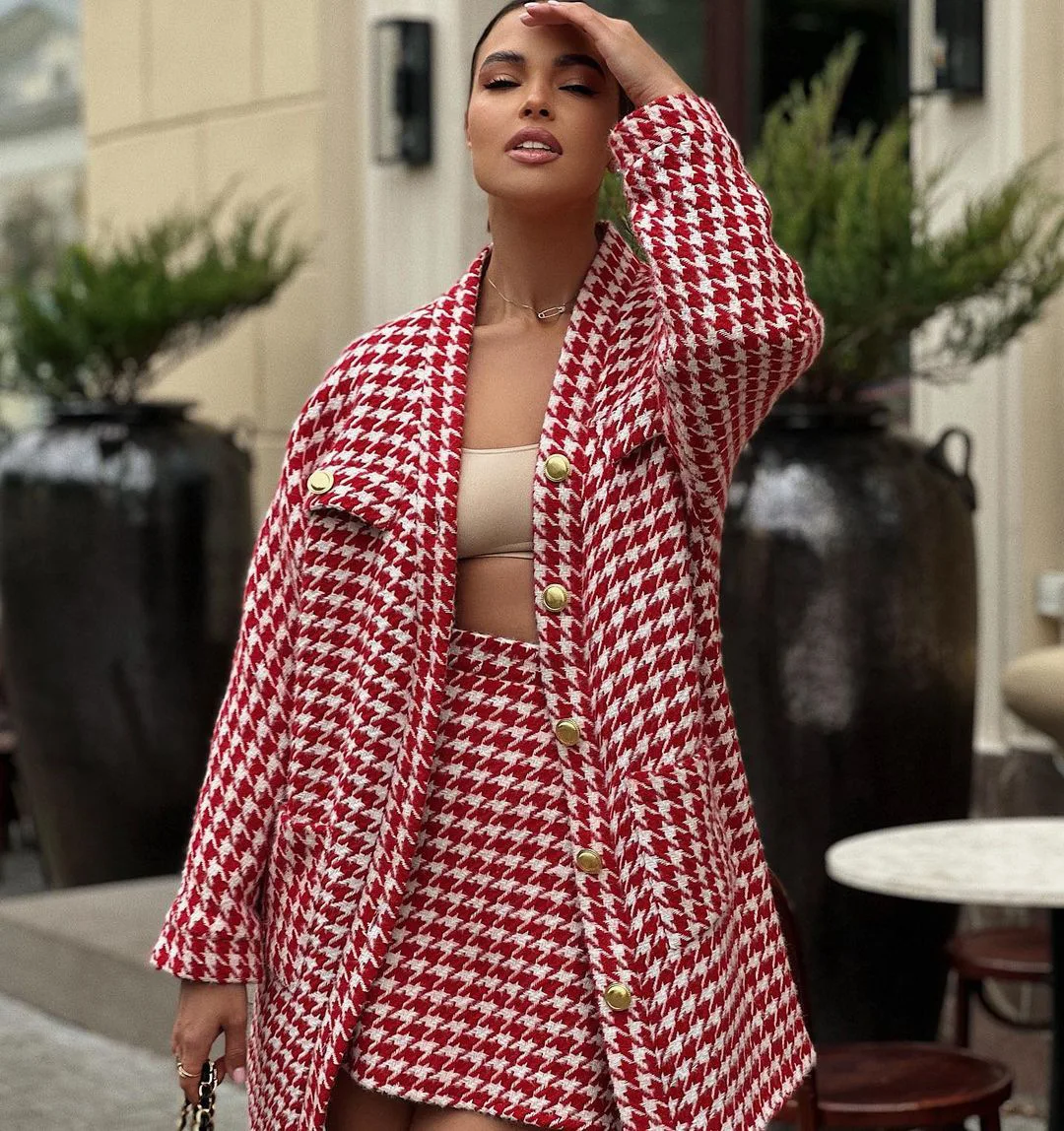 Enyami Elegant Winter Collection Retro Red Houndstooth Fashion Leisure Casual Long Sleeve Cardigan Coat Skirt Co Ord Sets Women