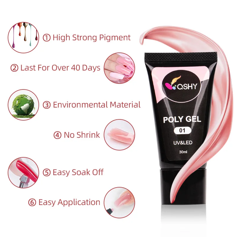 QSHY Private Label 30ml Glitter Nude Pink Clear Polygeling Acrylic Extension Hard Gel Solid Builder For Nail