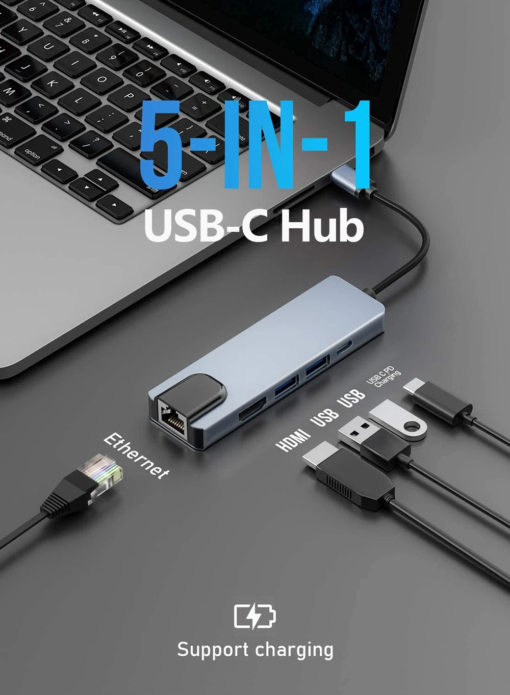 USB C Hub Adapter 5-in-1 TYPE C Multiport Adapter with 4K HDTV Ethernet USB 3.0 Ports USB C PD Charging dock station for MacBook