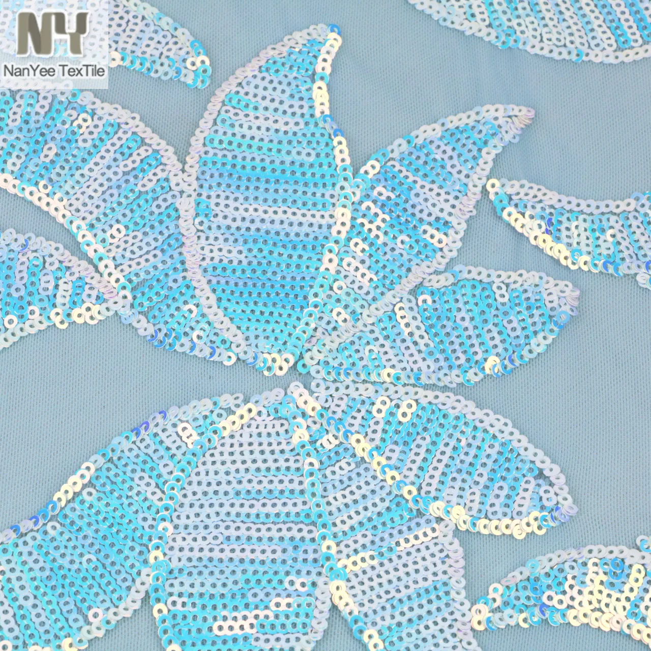 Nanyee Textile 3mm Micro Blue Iridescent Sequin Embroidered On Power Mesh