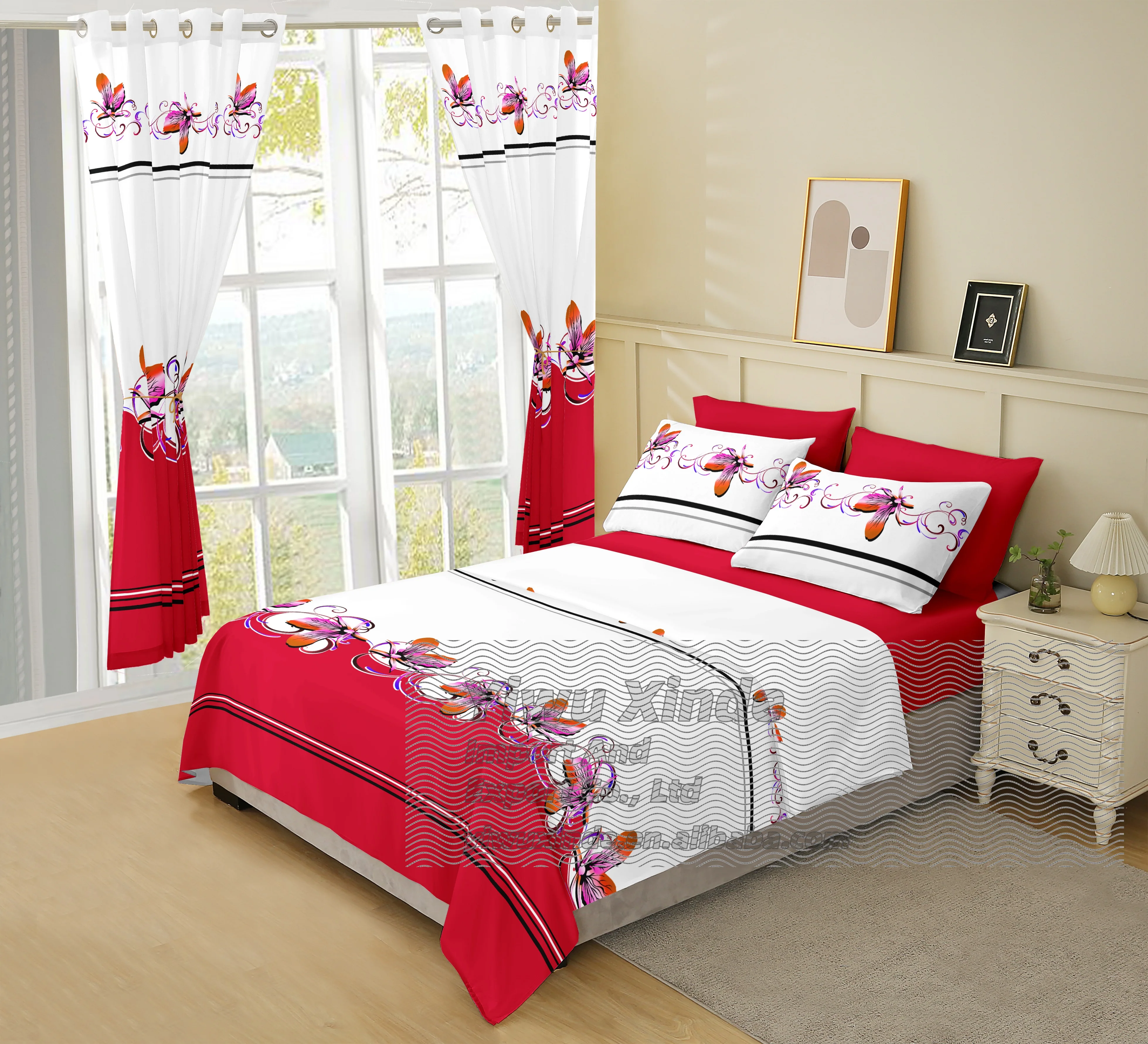 Ready to ship bed 8 pieces bed sheet set king size cotton with curtains cheap price bedding set for bed sheets