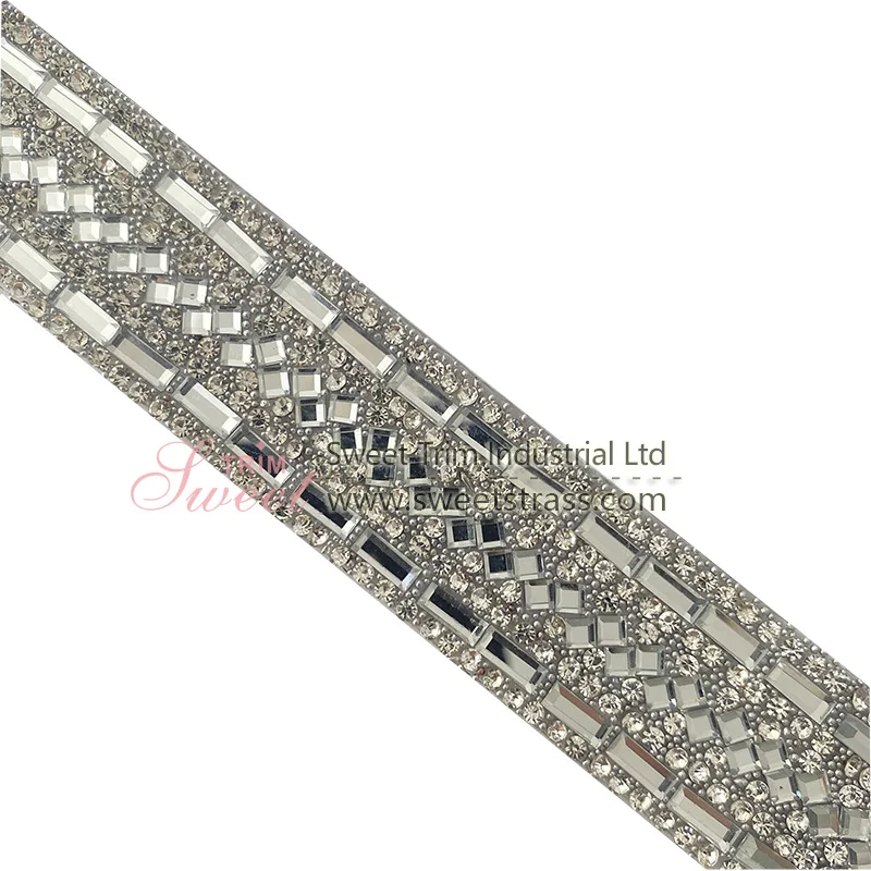 In Stock Silver 1cm Embroidered Crystal Rhinestone Banding Trimming for Dress