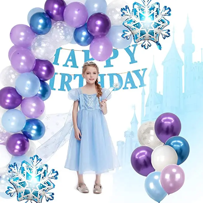 Frozen Birthday Party Supplies Set Snowflake Balloons Glitter Happy Birthday Banner Blue birthday balloon set with foil curtains