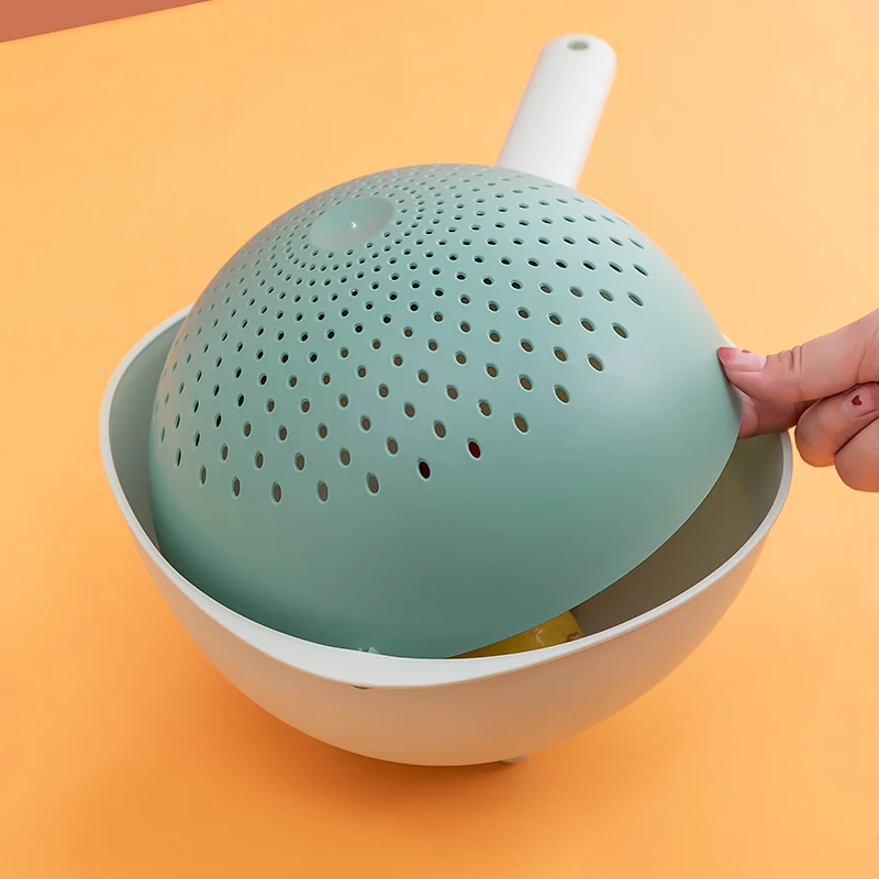 Double-Tier Plastic Kitchen Fruit Vegetable Drainer Colander Basket With Long Handle Rotating Plastic Drain Basket