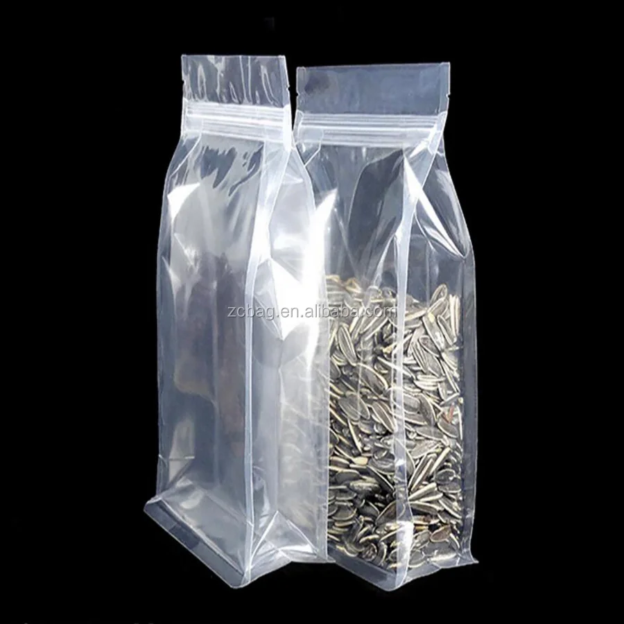 Wholesale Full Clear Transparent Clear Flat Bottom Quad Side Gusseted Customized 100g Coffee Food Grade Pocket Boxpouch Bags