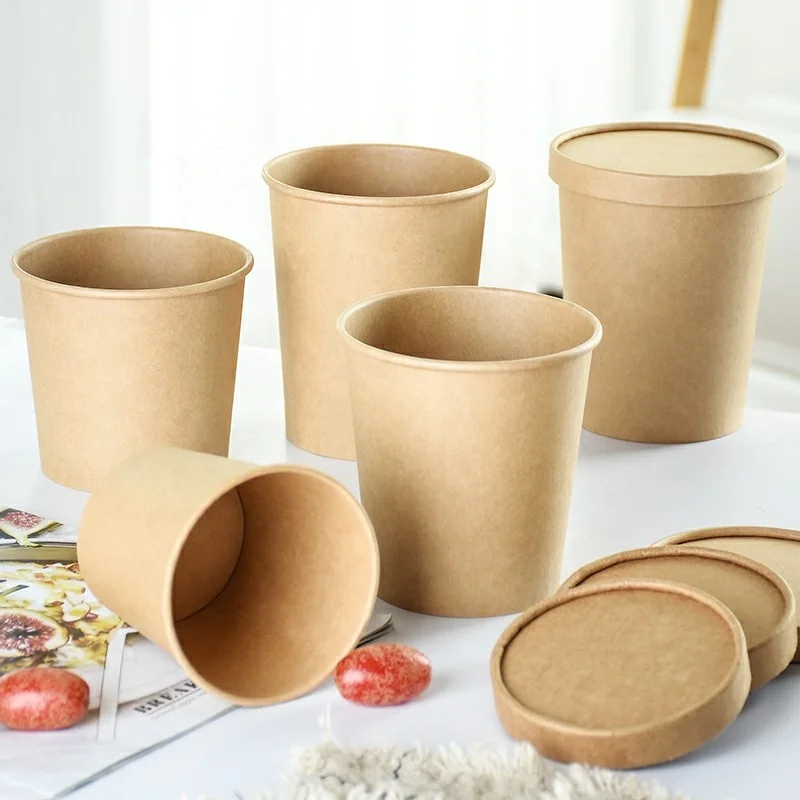 
Cheap Price Disposable Food Grade Different Sizes Kraft Paper Bowl with Paper Lid for Soup Salad Instant Noodles 