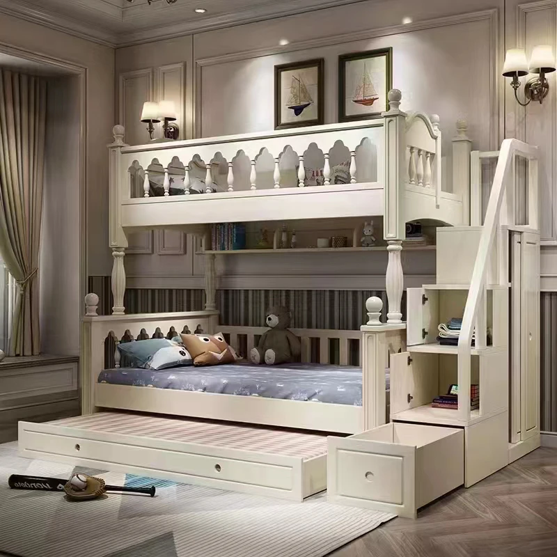 Children Bedroom Blue Boys Wood Bunk Beds Frame Twin Over Twin Size with Ladder