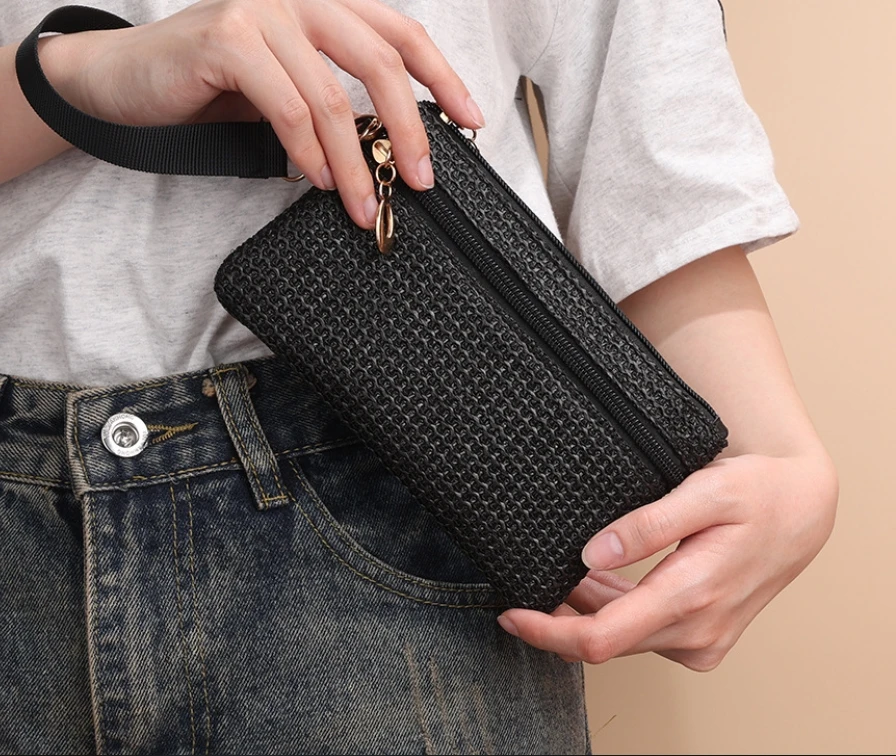 Hot Sale Coin Purse Straw Woven Long Wallet Mini Wristlet Double Zipper Phone Bag Purse For Women