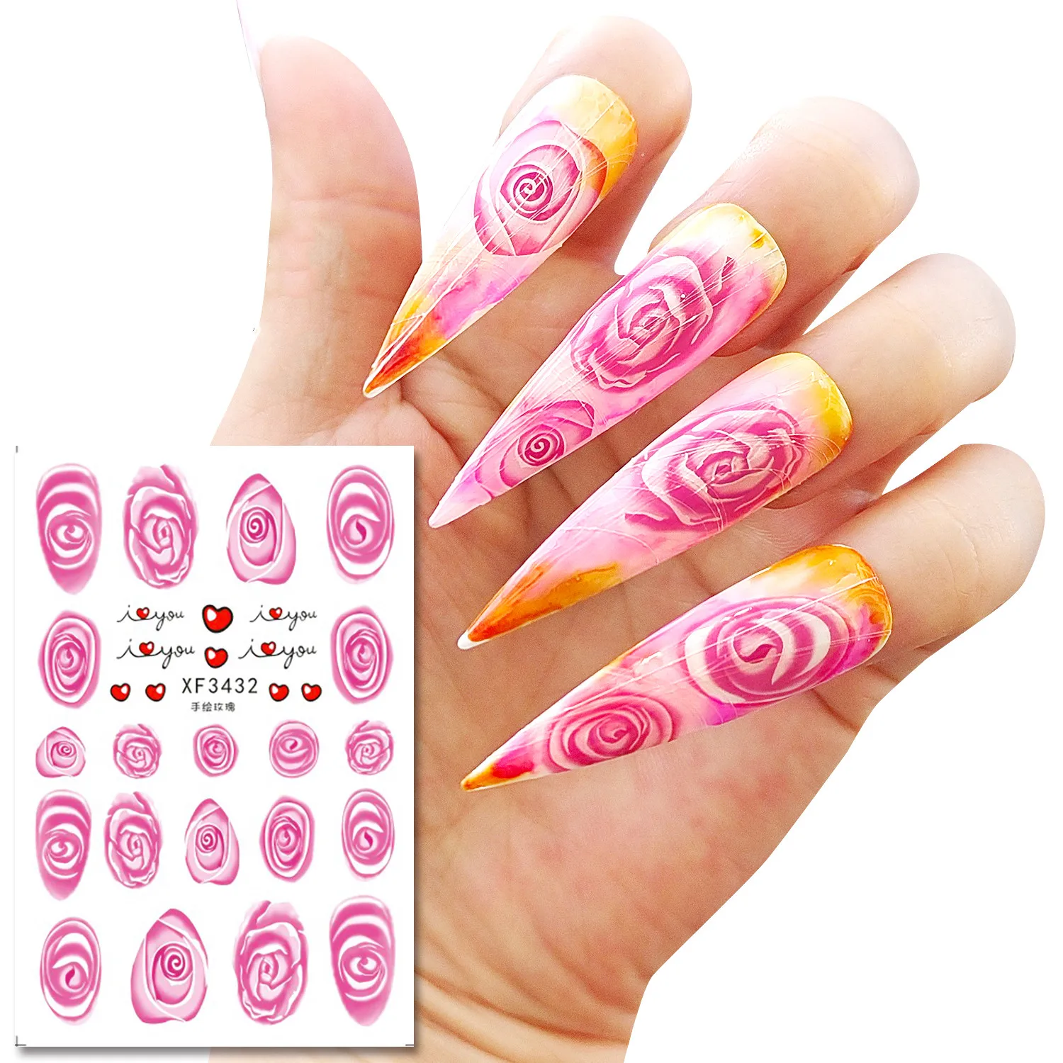 12 Types Hand Painted Rose Series Nail Stickers Designs Gummed Flower Nail Art Stickers Decals Art Decorations With Back Glue