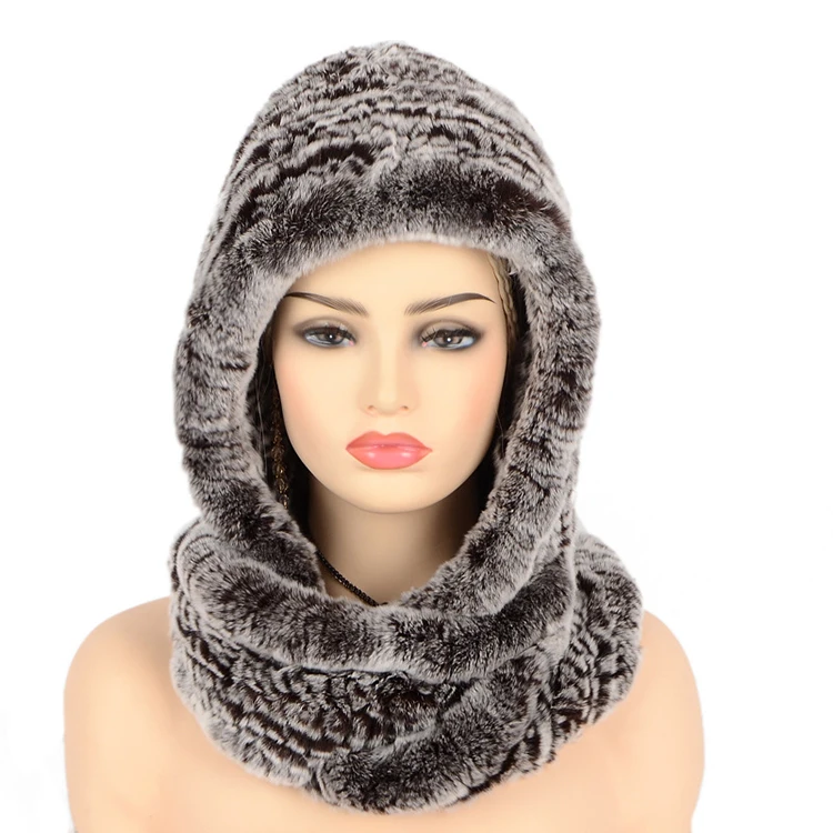 Оптовая продажа, вязаная шапка из натурального меха кролика Рекс и шарф с капюшоном, зимняя женская меховая шапка с шарфом на шею